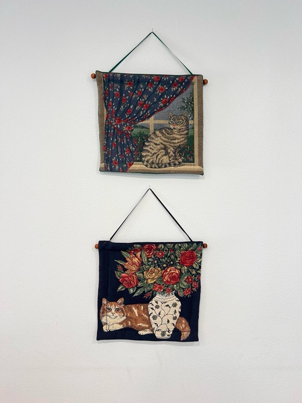 Vintage Cat Tapestry Wall Hangings with Red and Green Floral Accents - Vintage